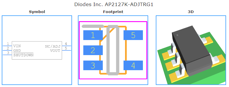 AP2127K-ADJTRG1引脚图和PCB焊盘图