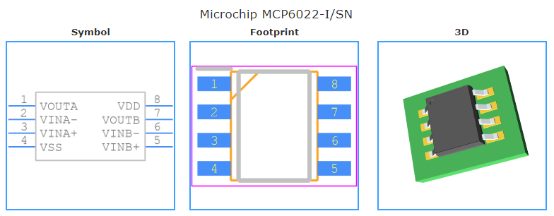 MCP6022-I/SN引脚图和PCB焊盘图