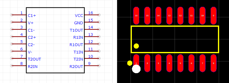 MAX3232CSE + T引脚图和PCB焊盘图
